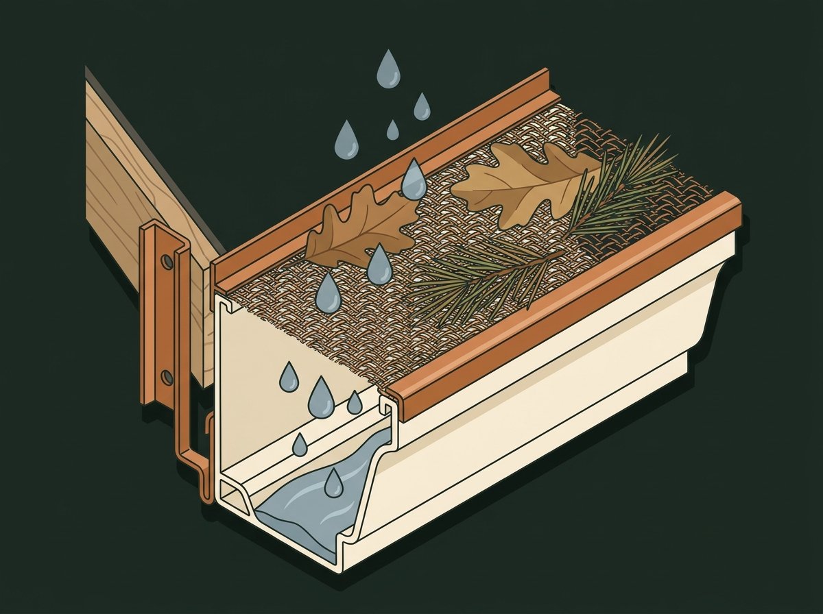 Cutaway diagram: micro-mesh guard letting water through while leaves rest on top